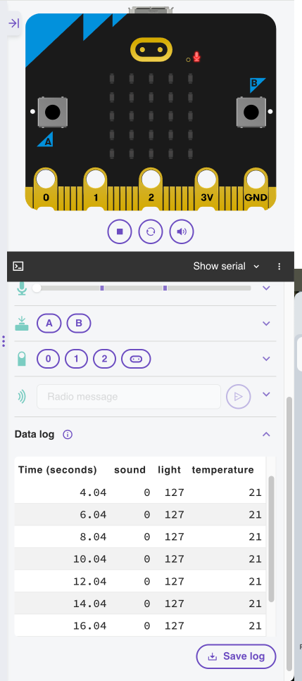 Screenshot of the simulated data logging