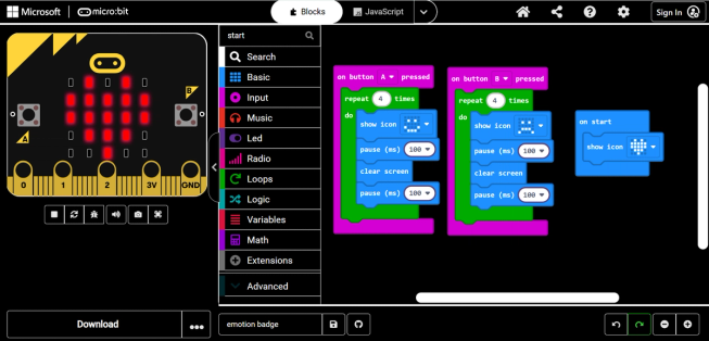Screenshot showing high contrast theme in MakeCode