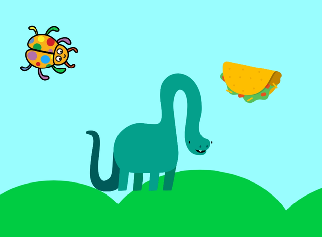 Слика екрана Scratch игре у којој диносаурус треба да једе такосе и да избегава бубе.