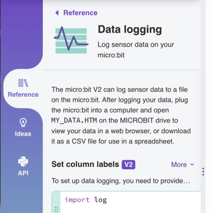 Screenshot of the Data logging reference section in the micro:bit Python Editor