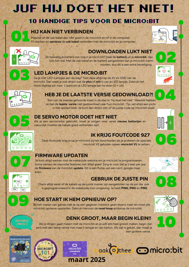 A poster written in Dutch, listing some common challenges that students might come across when coding with the micro:bit, and the simple ways to fix them.