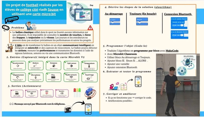 Poster showing a football project developed with the BBC micro:bit. The poster explains how sensors, Bluetooth communication and coding can be used to collect data about a football's movement, speed and impact, alongside screenshots of MakeCode blocks and a photo of a student demonstrating the project.