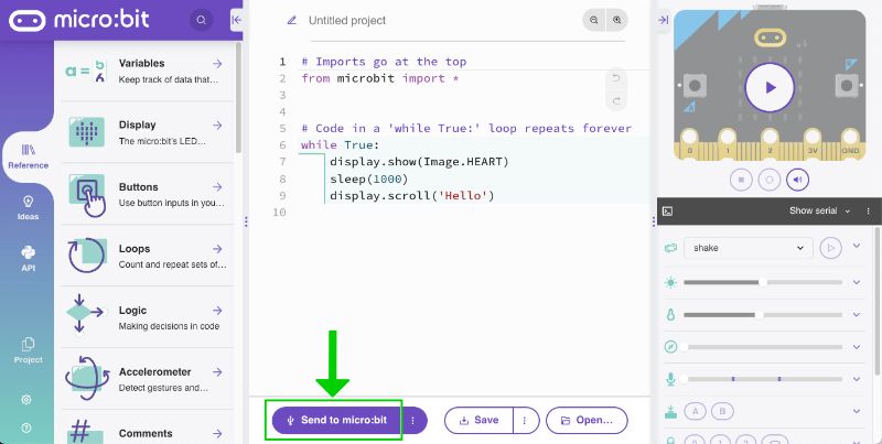 Screenshot highlighting the send to micro:bit button in Python
