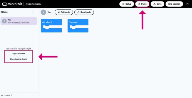 Screenshot show where to find the link or joining details in micro:bit classroom