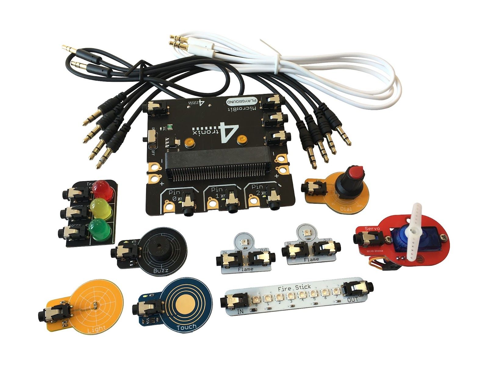 The 4tronix plyaground system, showing a breakout board with bespoke 3.5mm connectors and a range of accessories such as LEDs, switches, and a buzzer.
