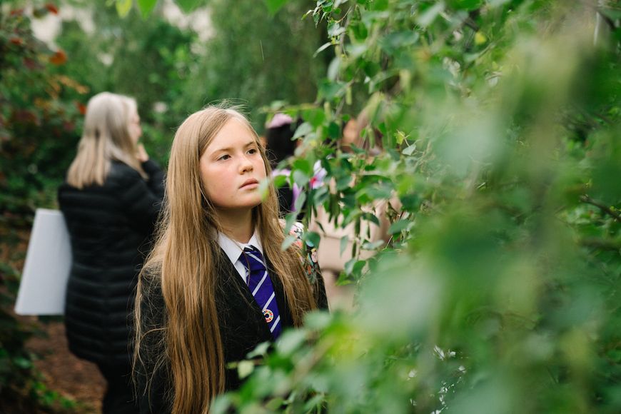 Girls in school uniform looks at tree