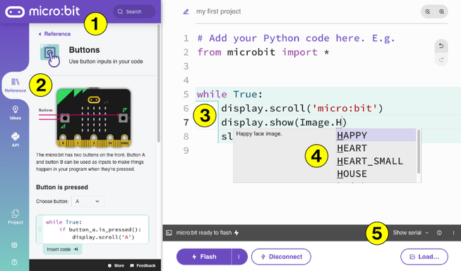 Annotated screenshot of the new micro:bit Python editor