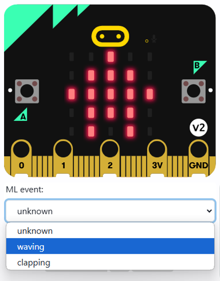 Screenshot of the MakeCode simulator highlighting the ML event selector menu that can be used to test you code against a simulated action