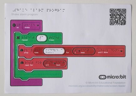 A single page program for the MakeCode Shake alarm project printed using a tactile graphics machine. The code blocks have tactile icons and braille text.