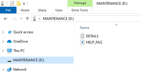 Windows screenshot showing how a micro:bit in maintenance mode appears as MAINTENANCE (D)