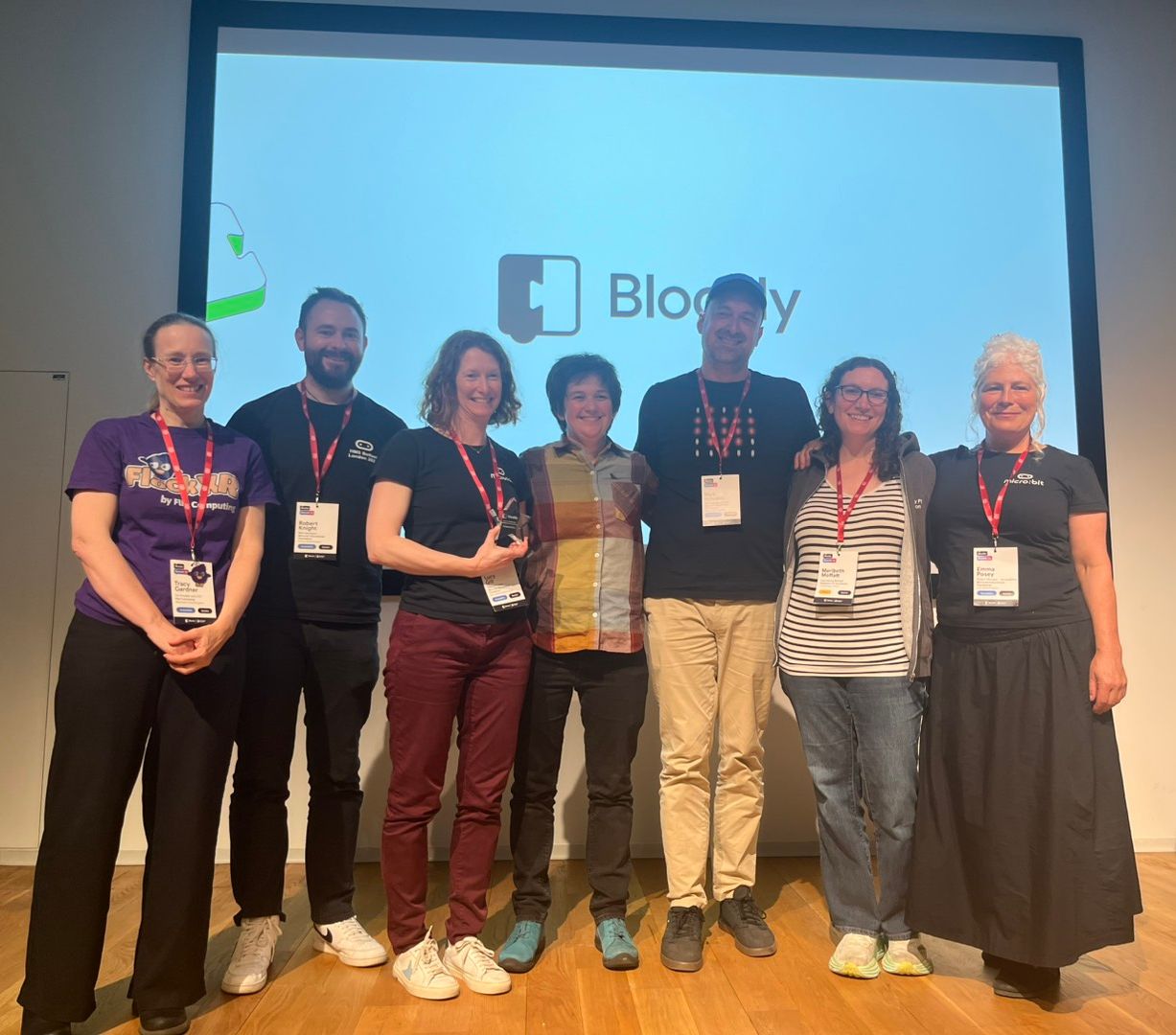 A group photograph of the Foundation's Blockly Accessibility Project team with the award with the Director and Tech Lead at Blockly and Dr Tracy Gardner, Flip Computing