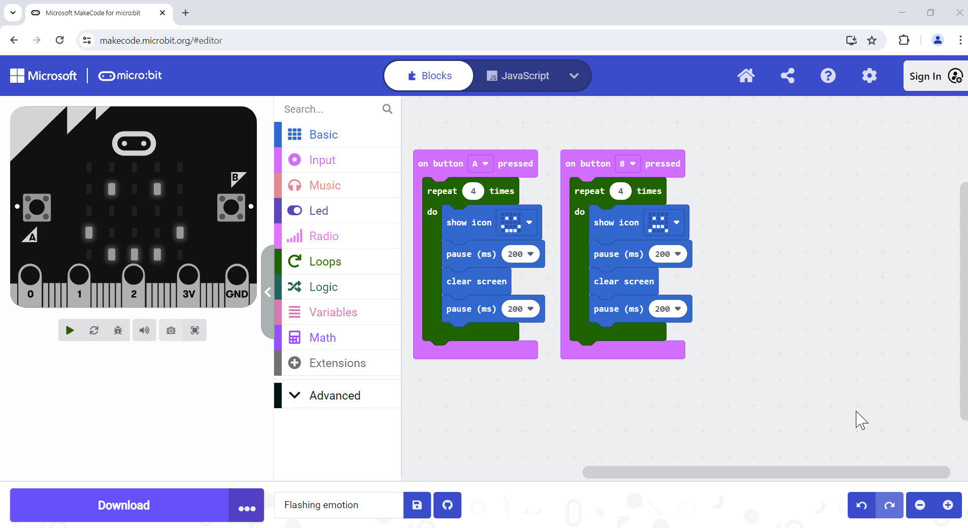 Screenshot of MakeCode with Windows red-green colour blindness filter 2 applied