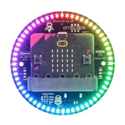 Kitronik ZIP Halo HD for the BBC micro:bit. A micro:bit is mounted in a circular circuit board surrounded by ultra bright rainbow LEDs