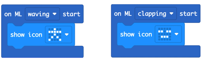 MakeCode blocks: on ML waving start: show icon stick figure; on ML clapping start: show icon asleep