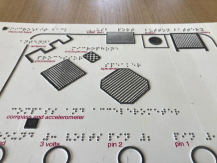 A swell paper printout showing the components on the rear face of the micro:bit