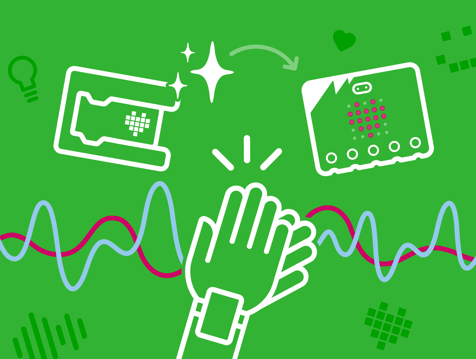 Illustration of micro:bit CreateAI themes: clapping hands, graph lines, a MakeCode AI code block that shows a heart icon. The code block is being transferred to a micro:bit which also shows the heart. In white on a green background. Graph lines are blue and red and the micro:bit's LEDs are red.