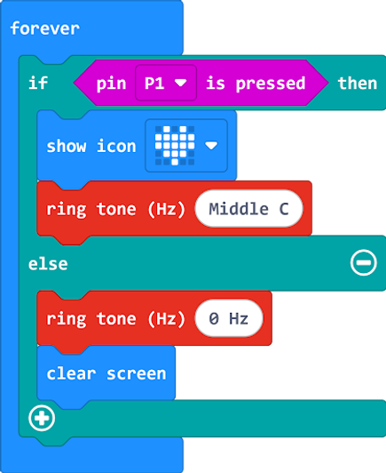 forever; if pin P1 is pressed then show icon HEART ring tone Middle C else; ring tone zero clear screen