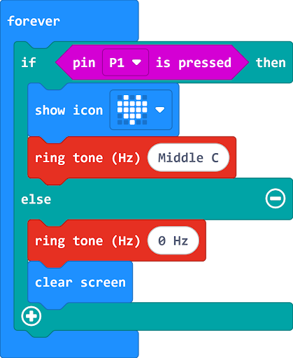 forever; if pin P1 is pressed then show icon HEART ring tone Middle C else; ring tone zero clear screen