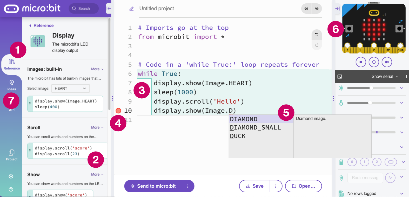 The user interface of the Microsoft MakeCode Micro:bit editor