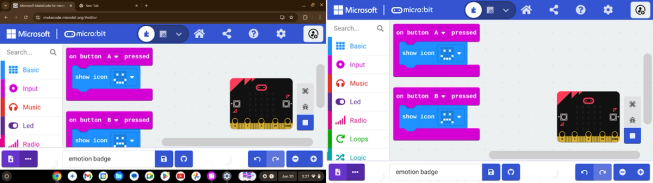 Two screenshots side by side show the relative amount of coding space available on a Chromebook is standard view compared to fullscreen browser mode.
