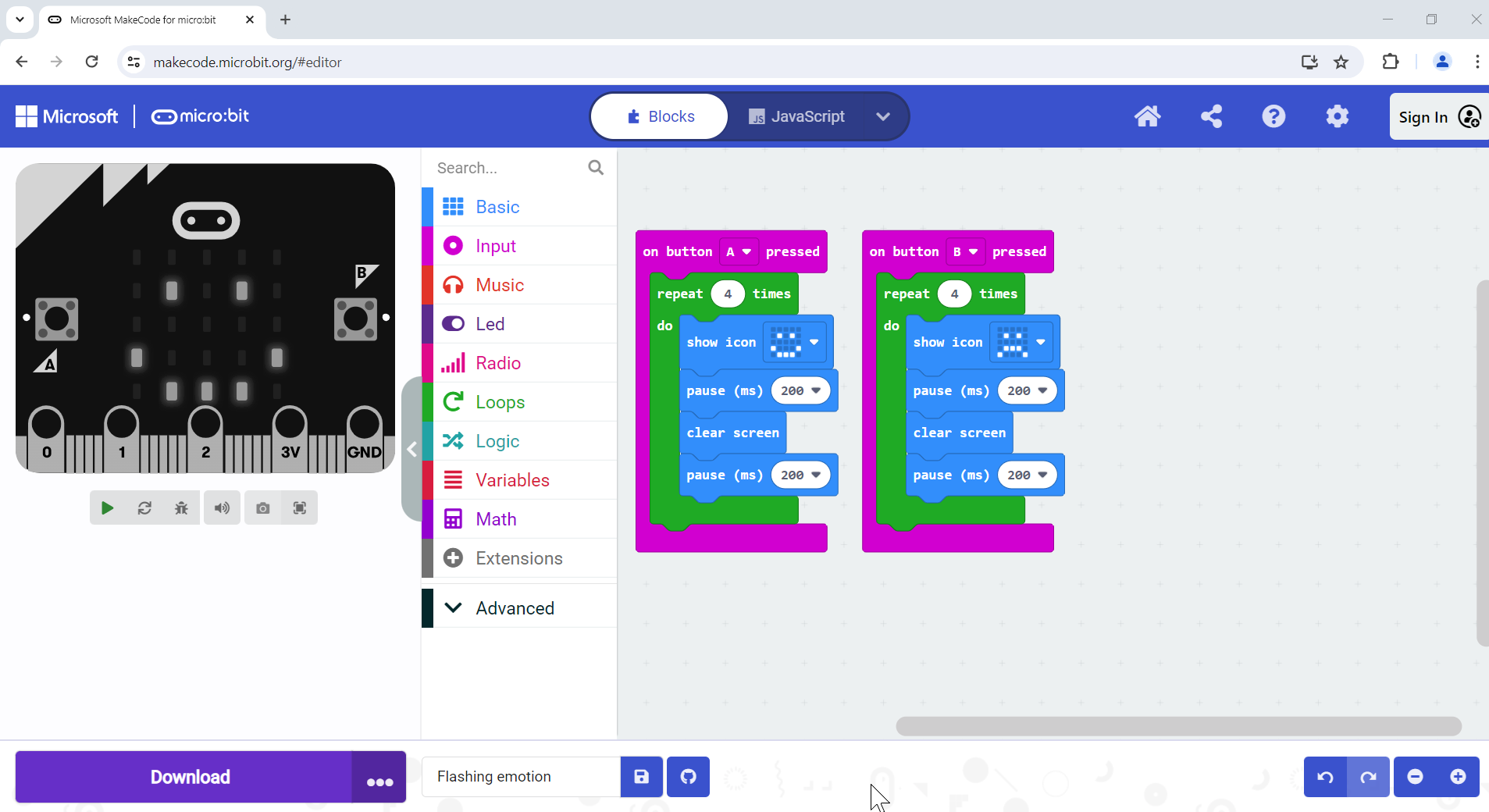 Screenshot of MakeCode with default colours
