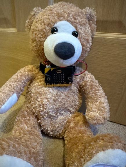 A soft toy bear wearing a micro:bit around its neck.