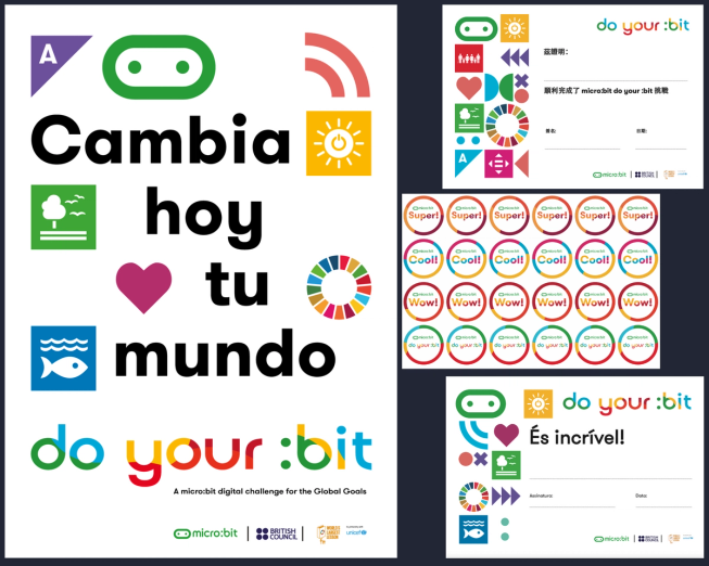 Uma seleção de recursos do seu pacote de desafio do your :bit incluindo adesivos, um cartaz que diz 'Mude o teu mundo hoje' e certificados em idiomas diferentes.