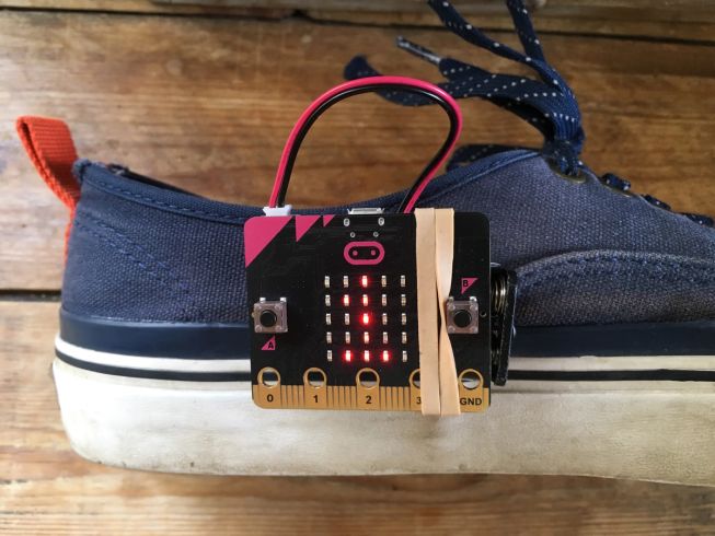 micro:bit attached to shoe