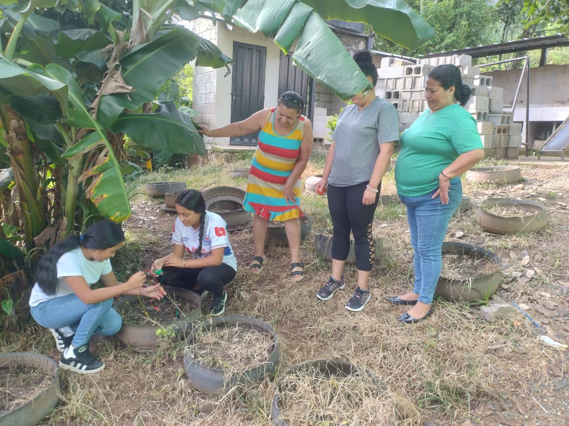 Students work outdoors on their "house that listens to the earth" project.