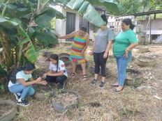 Students work outdoors on their "house that listens to the earth" project.