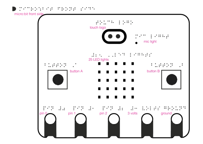 Drawing of the tactile graphic, showing Braille where components on the micro:bit are indicated