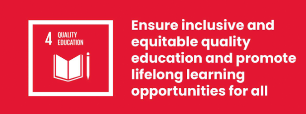 Red rectangle with the Quality Education tile appearing in white font. Large wording that says: Ensure inclusive and equitable quality education and promote lifelong learning opportunities for all.