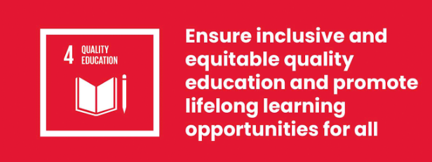 Rode afbeelding met de volgende witte tekst: " Zorg voor inclusieve en rechtvaardige opleidingen van gelijke kwaliteit en bevordering van mogelijkheden voor levenslang leren voor iedereen" naast het Globaal doel 4 Kwaliteit onderwijs logo van een boek en een pen.