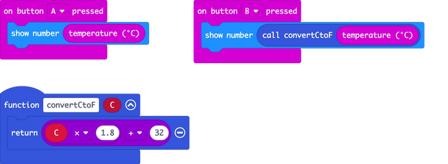 MakeCode function blocks converting centigrade to Fahrenheit and returning the value