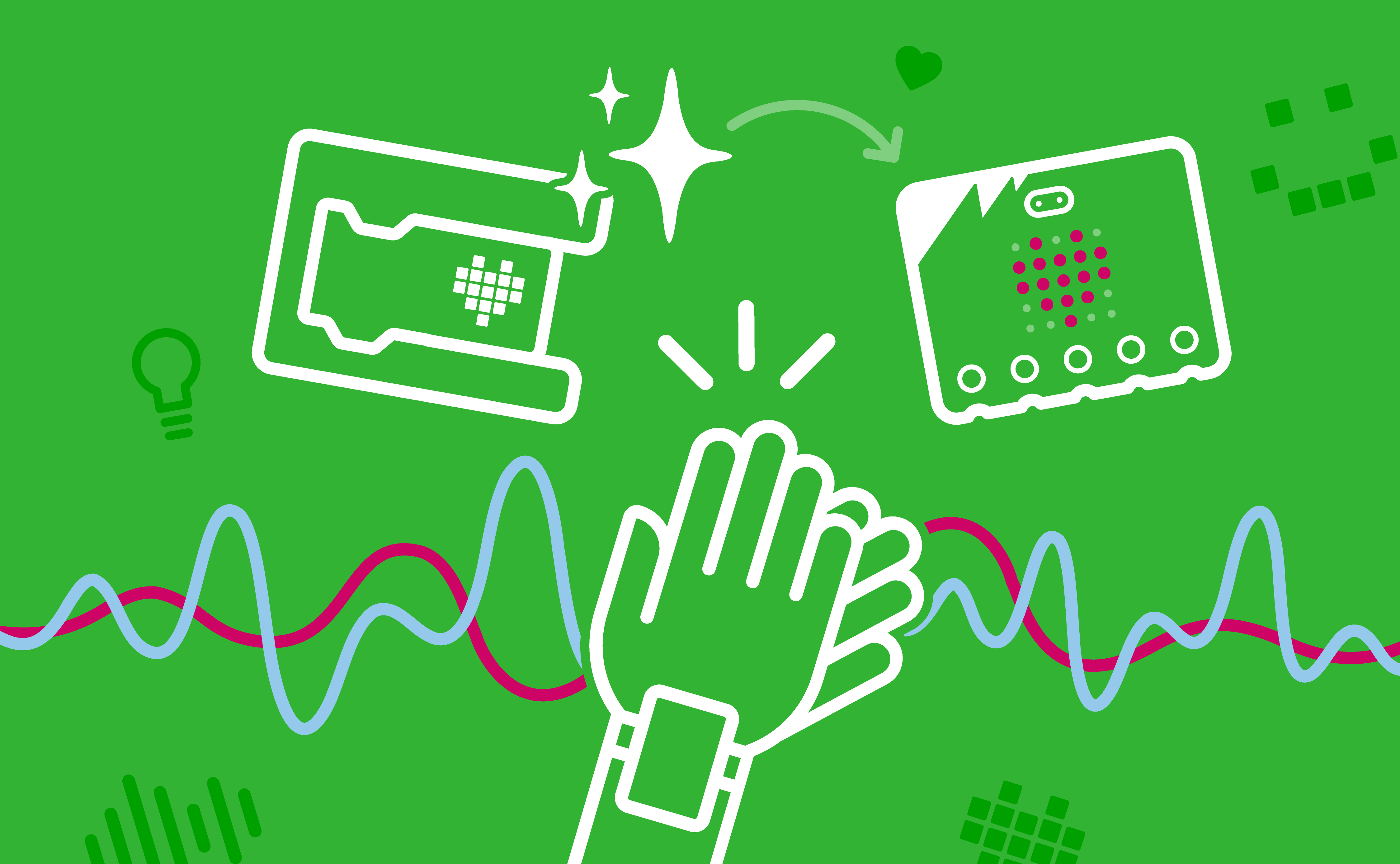 Illustration of micro:bit CreateAI themes: clapping hands, graph lines, a MakeCode AI code block that shows a heart icon. The code block is being transferred to a micro:bit which also shows the heart. In white on a green background. Graph lines are blue and red and the micro:bit's LEDs are red.