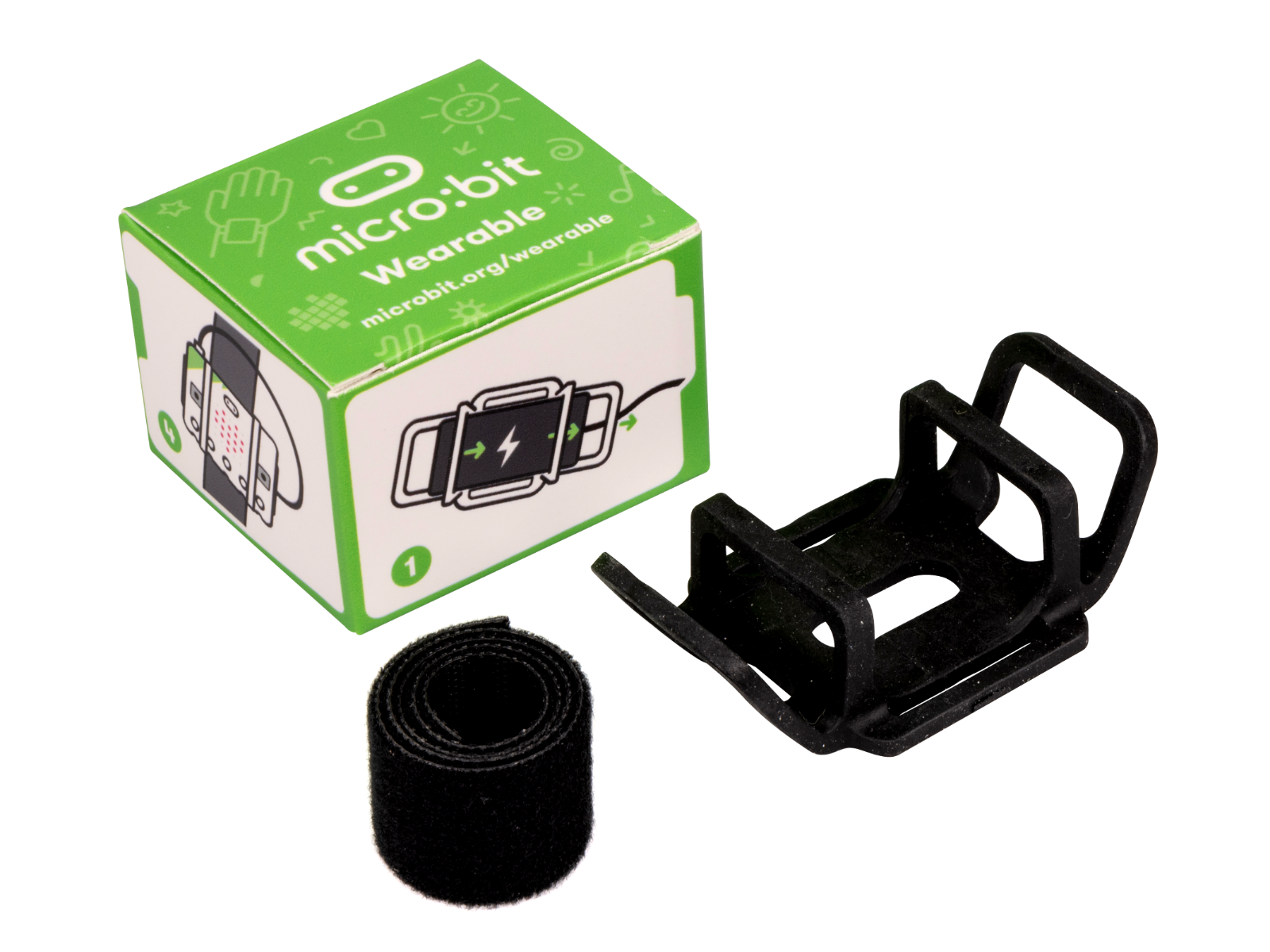 Image of the micro:bit wearable (box and contents - flexible holder and separate strap)