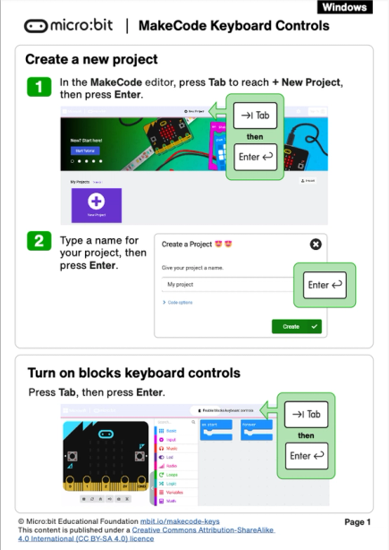 First page of the MakeCode Keyboard Controls pdf