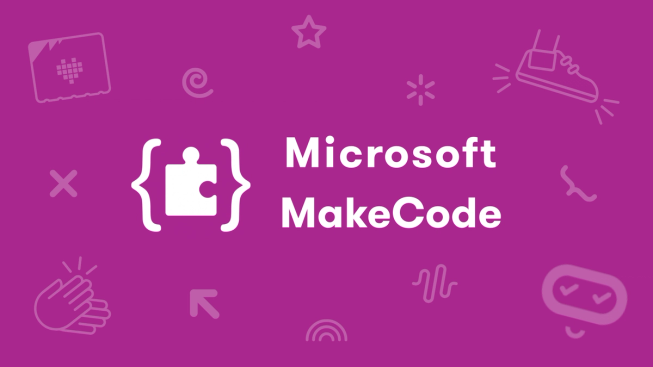 Red-pink backdrop with Microsoft MakeCode logo