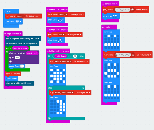 The 'meet the micro:bit' program code in MakeCode