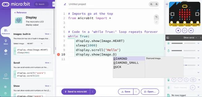The micro:bit Python Editor guides you through text-based programming