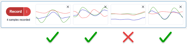 Example of good and bad data samples in createAI. There are 3 good samples with similar wavy lines and one bad sample with flat lines.