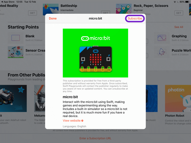 Screenshot showing how to subscribe to the micro:bit book in the Swift Playgrounds app