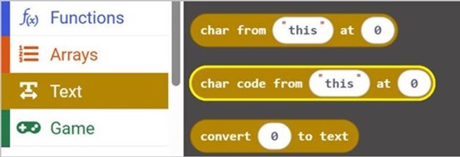 Screenshot showing the char code block on MakeCode