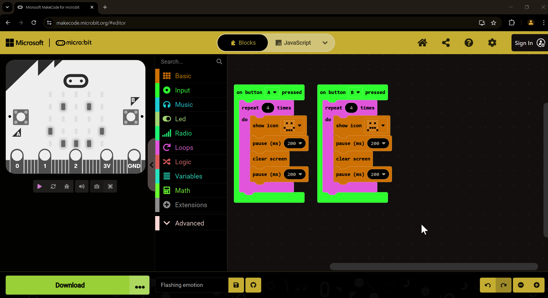 Screenshot of MakeCode with Windows inverted colours filter applied
