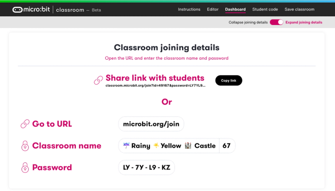 Screenshot of the micro:bit classroom dashboard screen