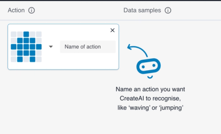 Screen shot of the Action with name of action field. Instructions 'Name an action you want the micro:bit to recognise.