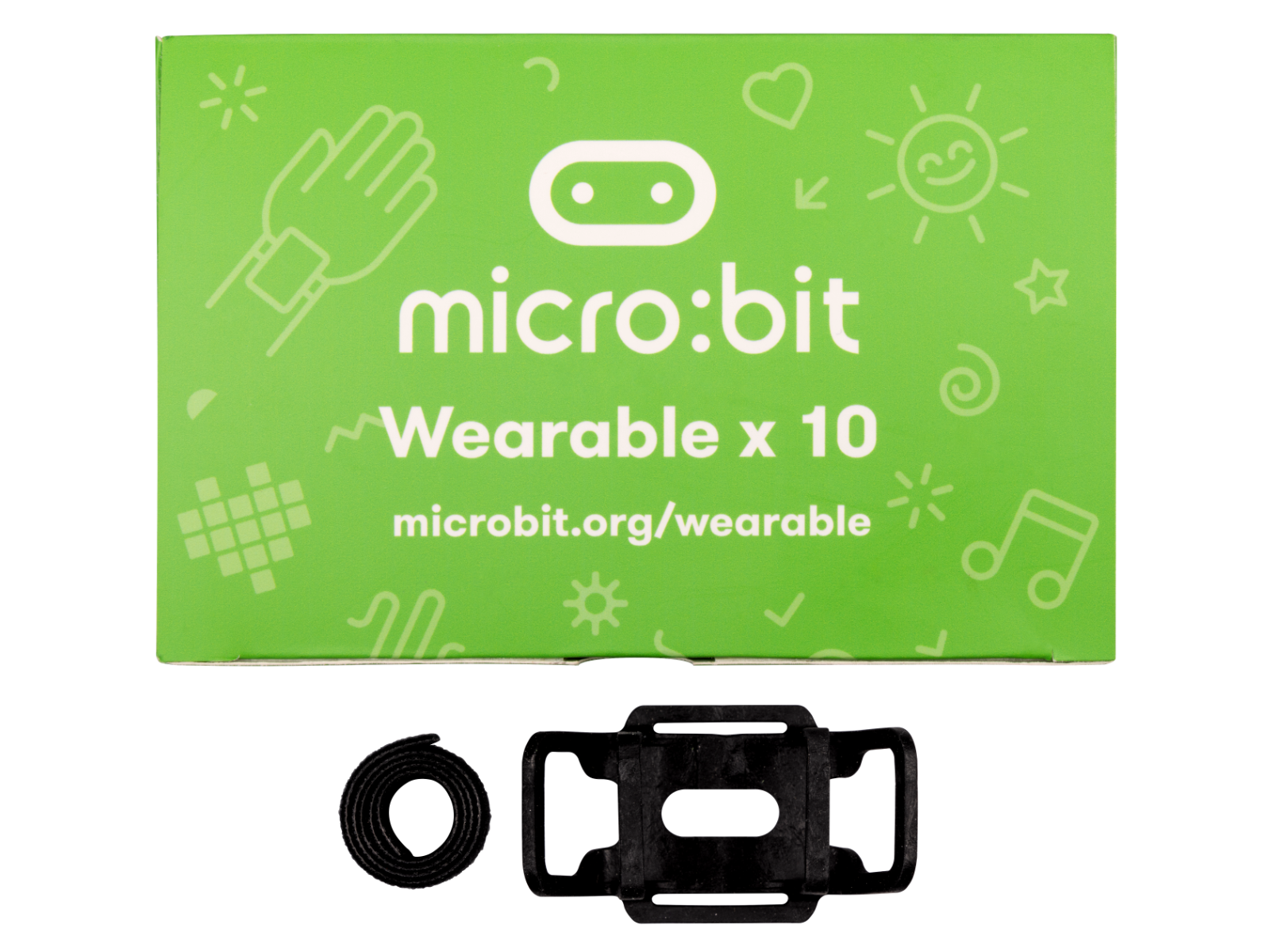 Image of a pack of 10 micro:bit wearables box with one flexible holder and strap beside