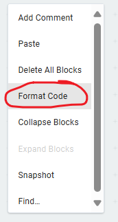 Workspace context menu showing option "Format Code"