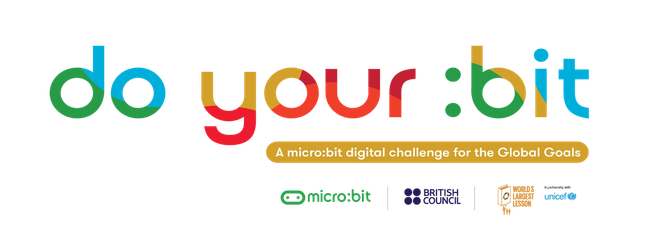 「グローバル目標に向けたmicro:bitのデジタルチャレンジ」というタグラインが併記されたdo your :bitのロゴと、micro:bit、ブリティッシュ・カウンシル、World's Largest Lesson、Unicefのロゴ。