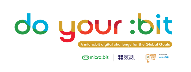 micro:bit, 영국 문화원, 아동권리교육 캠페인(World's Largest Lesson) 및 유니세프 로고와 함께 '글로벌 목표를 향한 micro:bit 디지털 챌린지' 태그라인으로 비트 로고를 만드세요.